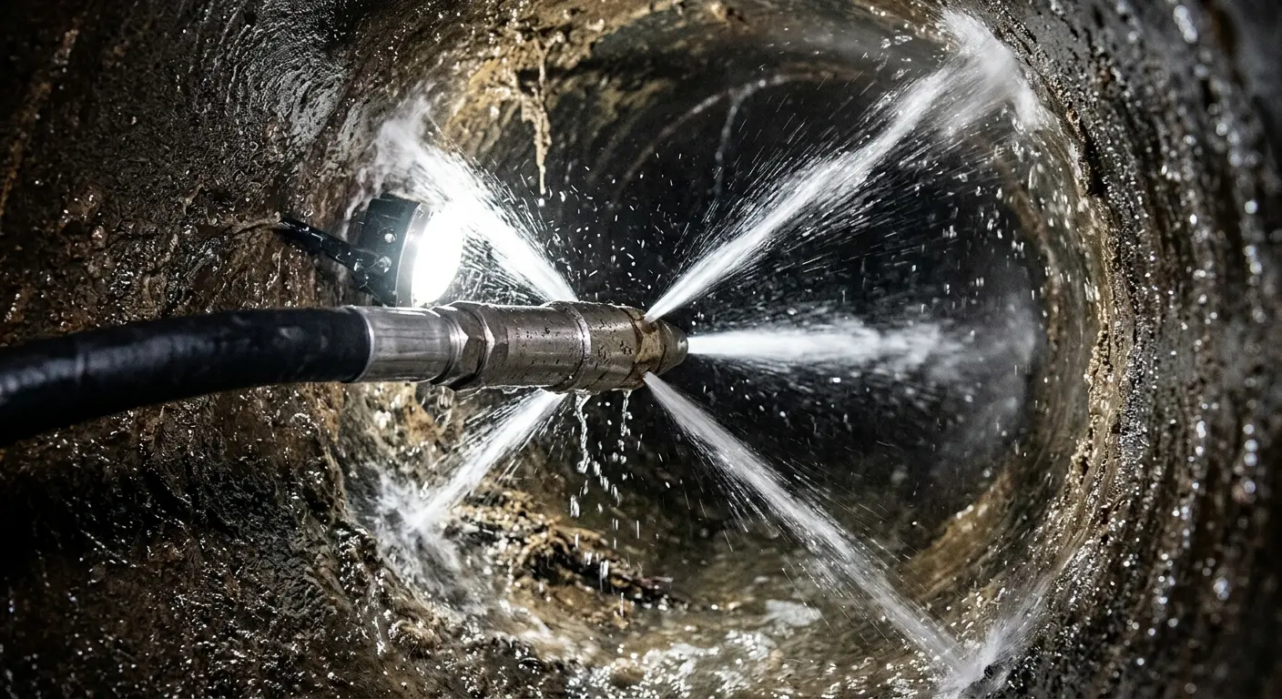 High-pressure hydro jetting nozzle cleaning sewer pipe for Sewer Cleanout in Palatka