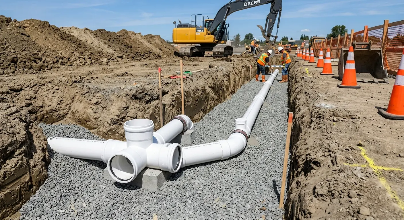 New PVC sewer pipe installation in open trench for Commercial Drain Cleaning in Palatka