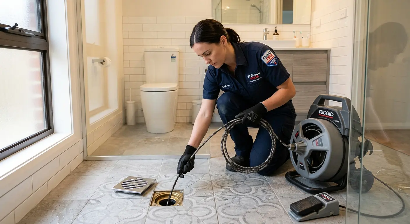 Technician clearing a bathroom floor drain for Hydro Jetting in Palatka